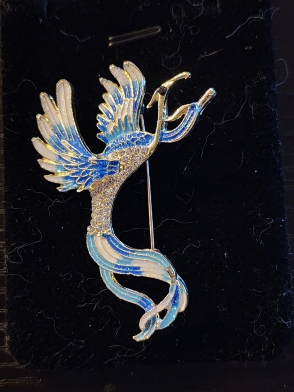 Blue Crystal Double Phoenix Bird Brooch Blue & Gold